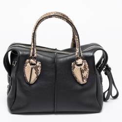 Tod's Black/Beige Leather And Python D-Styling Bauletto Satchel