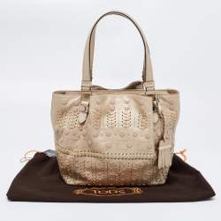 Tod's Metallic Beige Leather Small Studded Flower Tote