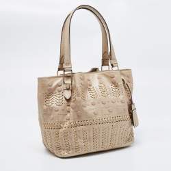 Tod's Metallic Beige Leather Small Studded Flower Tote