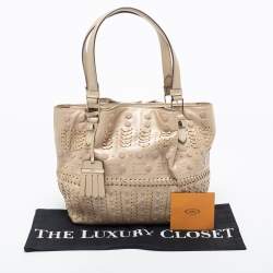 Pre Owned Tod's Metallic Beige Leather Small Studded Flower Tote