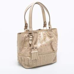 Pre Owned Tod's Metallic Beige Leather Small Studded Flower Tote