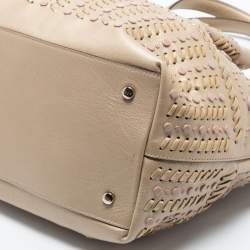 Pre Owned Tod's Metallic Beige Leather Small Studded Flower Tote