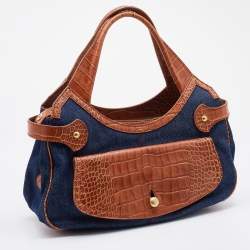 Tod's Blue/Brown Denim and Croc Embossed Leather Front Pocket Hobo