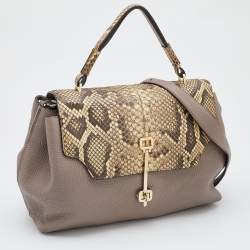 Tod's Grey/Beige Leather and Python Flap Top Handle Bag