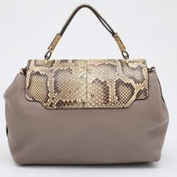 Tod's Grey/Beige Leather and Python Flap Top Handle Bag