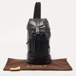Tod's Black Leather Drawstring Flap Backpack