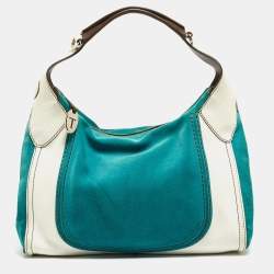 Tod's Teal Blue/White Leather and Suede Hobo