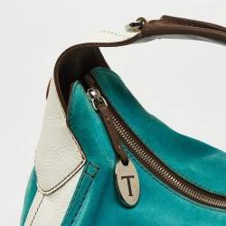 Tod's Teal Blue/White Leather and Suede Hobo