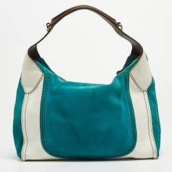 Tod's Teal Blue/White Leather and Suede Hobo