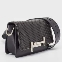 Pre Owned Tod's Black Perforated Leather Double T Crossbody Bag