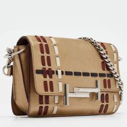 Tod's Gold Leather Mini Double T Shoulder Bag