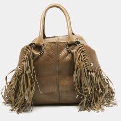 Tod's Beige Snakeskin and Leather Fringe Satchel