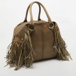 Tod's Beige Snakeskin and Leather Fringe Satchel