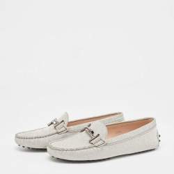 Pre Owned Tod's Silver Glitter Double T Buckle Loafers Size 38.5