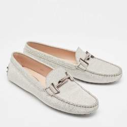 Pre Owned Tod's Silver Glitter Double T Buckle Loafers Size 38.5