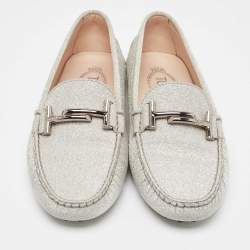 Pre Owned Tod's Silver Glitter Double T Buckle Loafers Size 38.5