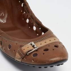 Pre Owned Tod's Brown Laser Cut Leather Scrunch Ballet Flats Size 37.5