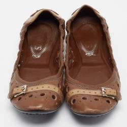 Pre Owned Tod's Brown Laser Cut Leather Scrunch Ballet Flats Size 37.5