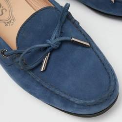 Pre Owned Tod's Blue Nubuck Leather Bow Slip On Loafers Size 37