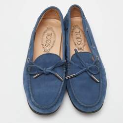 Pre Owned Tod's Blue Nubuck Leather Bow Slip On Loafers Size 37