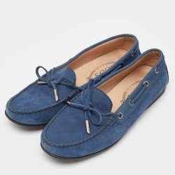 Pre Owned Tod's Blue Nubuck Leather Bow Slip On Loafers Size 37