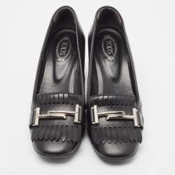 مملوكة مسبقًا Tod's Black Leather Double T Buckle Fringed Loafer Pumps Size 36
