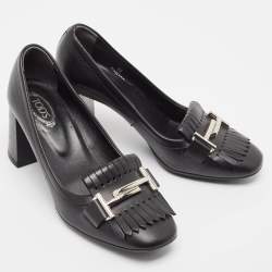 مملوكة مسبقًا Tod's Black Leather Double T Buckle Fringed Loafer Pumps Size 36