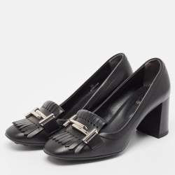 مملوكة مسبقًا Tod's Black Leather Double T Buckle Fringed Loafer Pumps Size 36