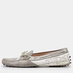 Tod's Grey/White Suede and Leather Bow Slip On Loafers Size 38