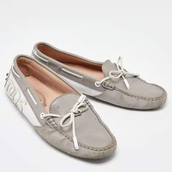 Tod's Grey/White Suede and Leather Bow Slip On Loafers Size 38