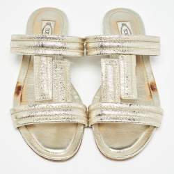 Tod's Gold Textured Leather Double T Strap Flat Slides Size 38