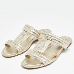 Tod's Gold Textured Leather Double T Strap Flat Slides Size 38