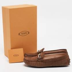 Tod's Brown Croc Embossed Leather Gommino Double T Slip On Loafers Size 36.5