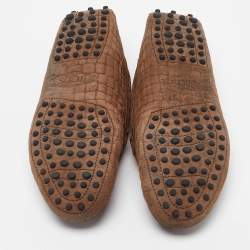 Tod's Brown Croc Embossed Leather Gommino Double T Slip On Loafers Size 36.5