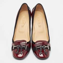 Pre Owned Tod's Burgundy Patent Leather Buckle Detail Loafer Pumps Size 38.5