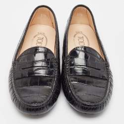 Pre Owned Tod's Black Croc Embossed Leather Gommino Loafers Size 37.5