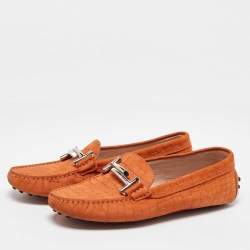 Tod's Orange Croc Embossed Leather Double T Loafers Size 36