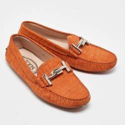 Tod's Orange Croc Embossed Leather Double T Loafers Size 36