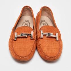 Tod's Orange Croc Embossed Leather Double T Loafers Size 36