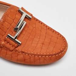 Tod's Orange Croc Embossed Leather Double T Loafers Size 36