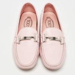 Tod's Pink Lizard Embossed Leather Double T Loafers Size 39.5