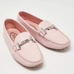 Tod's Pink Lizard Embossed Leather Double T Loafers Size 39.5