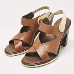 مملوكة مسبقًا Tod's Brown/White Leather Block Heel Slingback Sandals Size 40