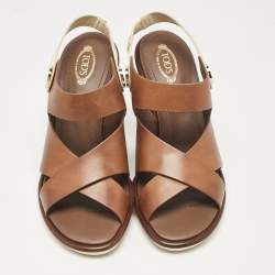 مملوكة مسبقًا Tod's Brown/White Leather Block Heel Slingback Sandals Size 40