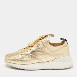 Tod's Gold Perforated Leather Low Top Sneakers Size 37.5