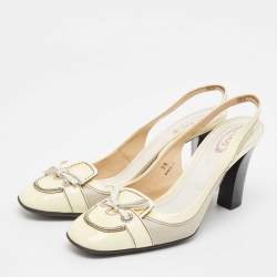Tod's Cream Patent Leather and Fabric Bow Slingback Pumps Size 39