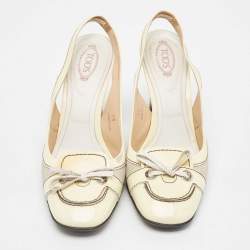 Tod's Cream Patent Leather and Fabric Bow Slingback Pumps Size 39