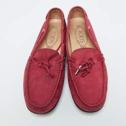 Tod's Berry Pink Nubuck Leather Bow Gommino Driving Loafers Size 37.5
