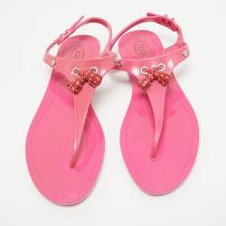 Pre Owned Tod's Pink Rubber Studded Tassel Thong Flat Sandals Size 39