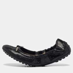 Tod's Metallic Black Textured Suede Scrunch Ballet Flats Size 37.5